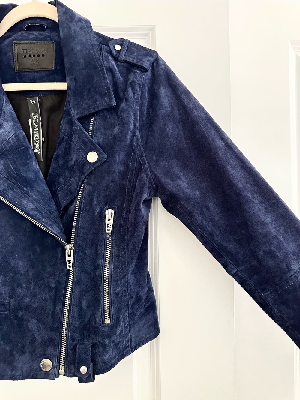 100% Suede Leather Fall Navy Blue Moto Jacket - Blank NYC - Picture 5 of 17